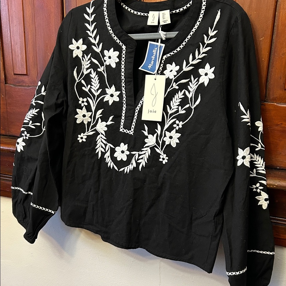 Joie Floral Embroidered Black Blouse